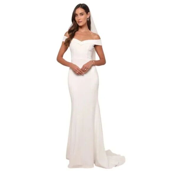 Lulus Arienne White Off-the-Shoulder Mermaid Maxi Dress Size Medium NEW NWT - Picture 2 of 15